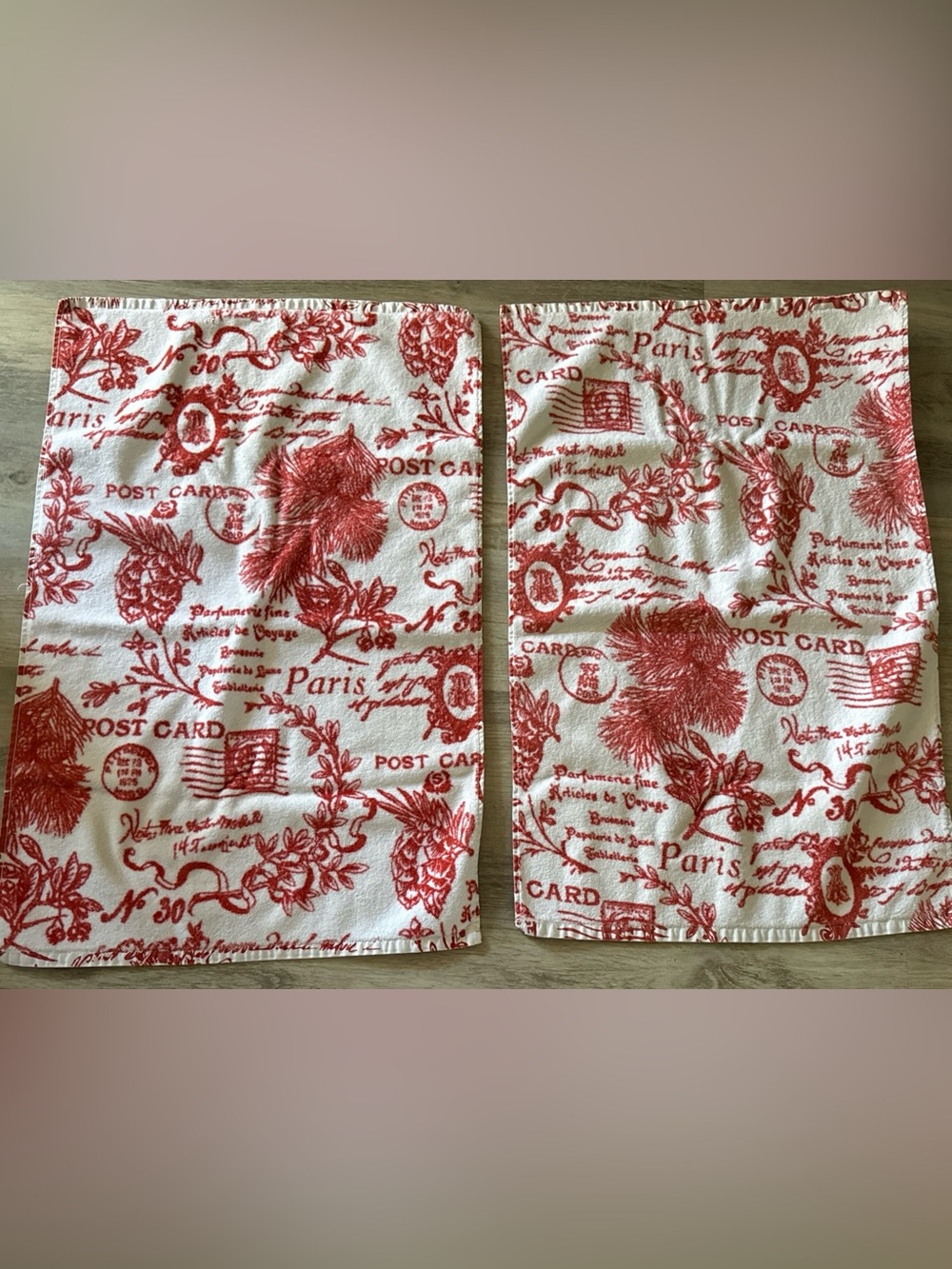 POTTERY BARN French Country Post Card Kitchen Hand Towel Set Of 2: Red Script